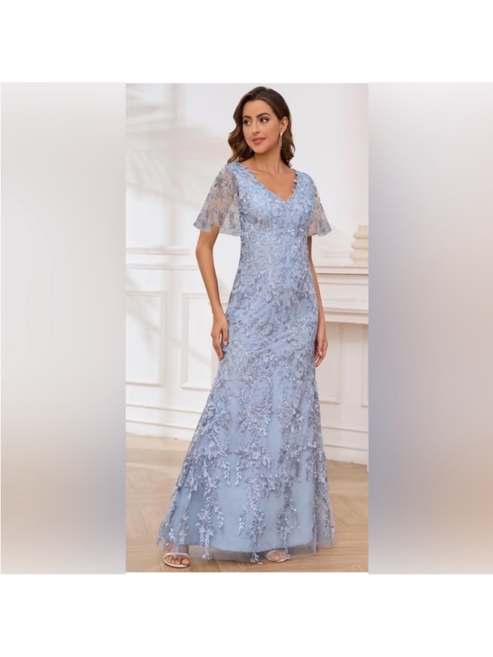 Elegant Light Blue Lace V-Neck Evening Dress “Mother of the Bride” - Picture 2 of 3